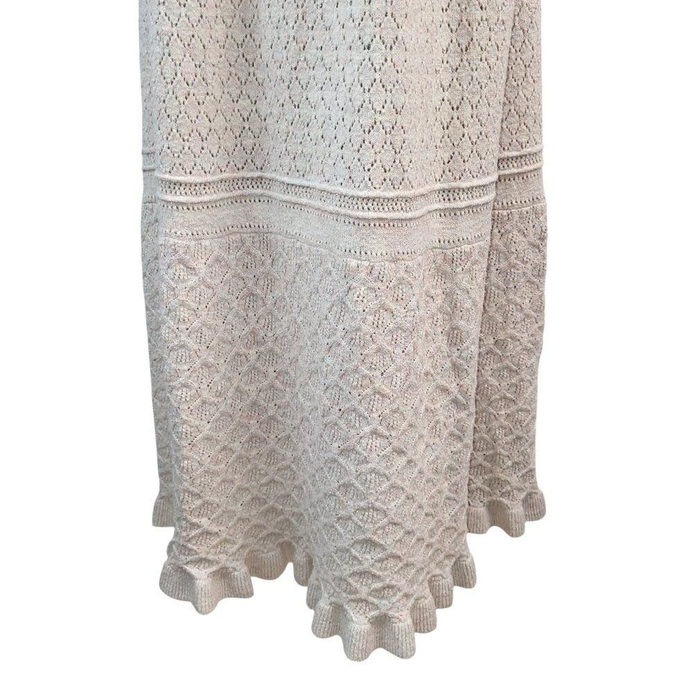 La Vie Medium Beige Cotton Knit Midi Dress RTR Ribbed Bodice Scallop Hem Party - Picture 11 of 15